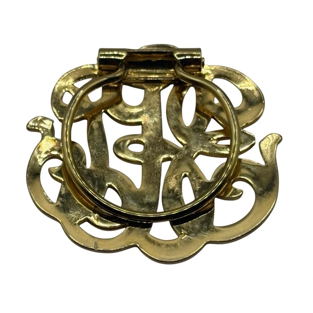 Vintage Scarf Dress Clip Gold Tone Monogram‎ Initials Script Letters Open Work